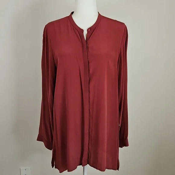 Eileen Fisher PL Silk Blouse Maroon Button Front Long Sleeve Quiet Luxury Career - Picture 1 of 9